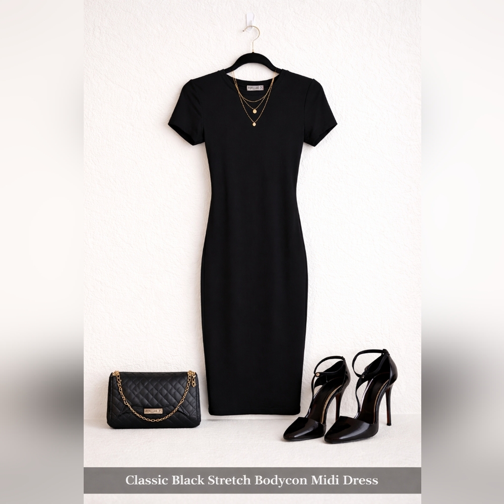 Black Bodycon Elegant Midi Dress Size S Stretch Fitted Short Sleeve NWOT